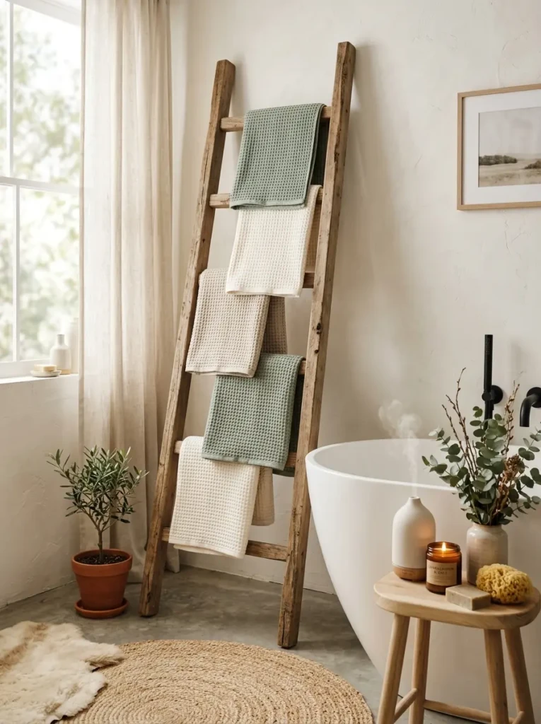 Wooden towel ladder with soft neutral towels creating a cozy and stylish bathroom retreat.