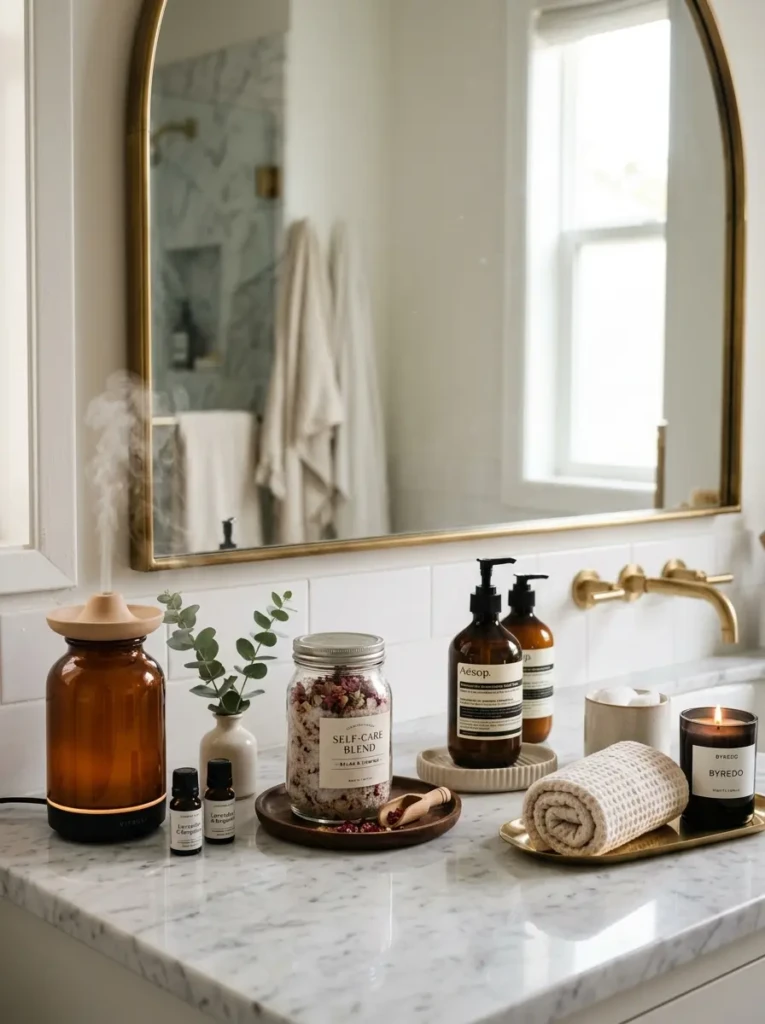 Elegant bathroom countertop displaying diffuser, bath salts, and luxury hand soap