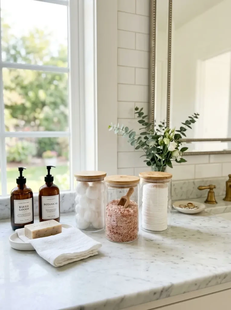 Clear glass jars storing cotton pads, bath salts, and everyday toiletries.