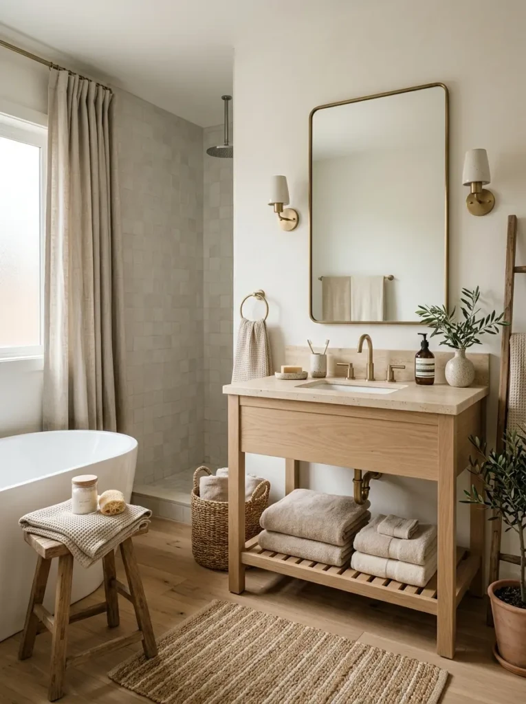 Elegant bathroom featuring linen fabrics, ceramic accessories, and warm neutral decor
