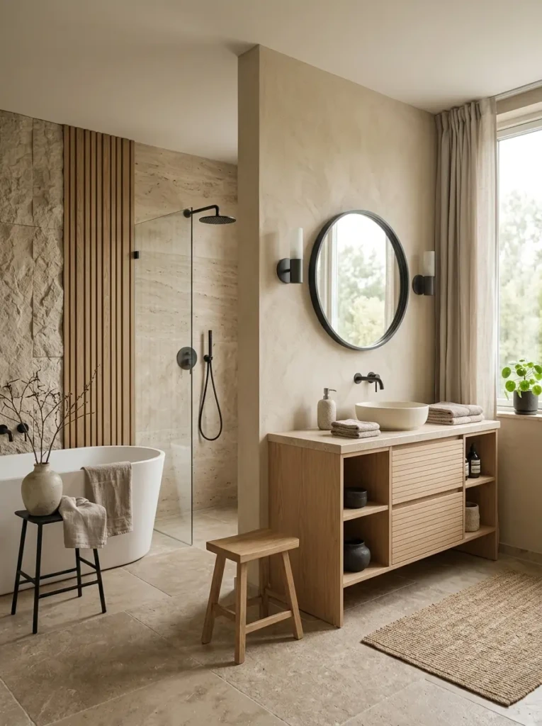 Neutral bathroom palette with taupe, sand, charcoal accents, and natural stone textures.