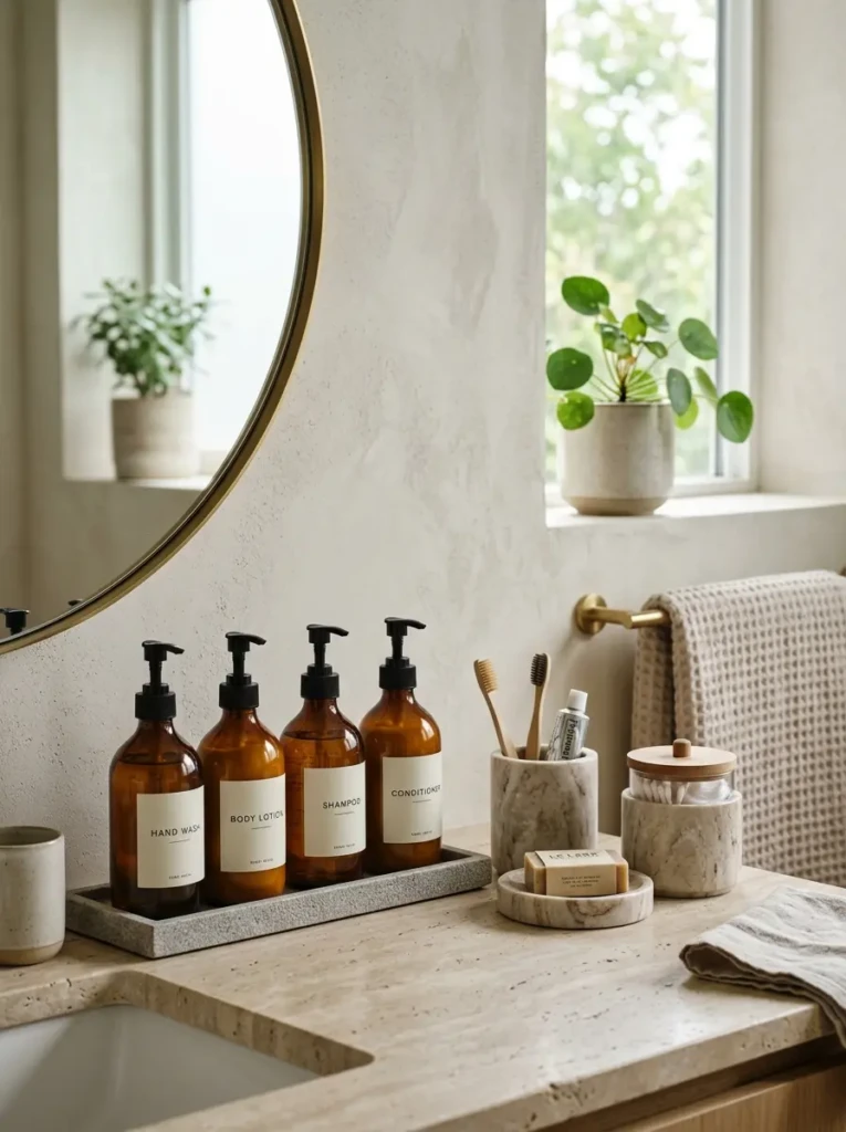 Bathroom accessories arranged in glass and ceramic containers for a polished look