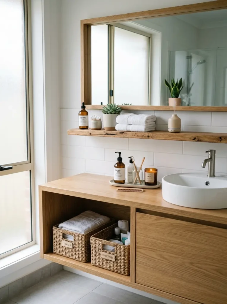 Organized bathroom with intuitive storage, balanced lighting, and minimalist design.