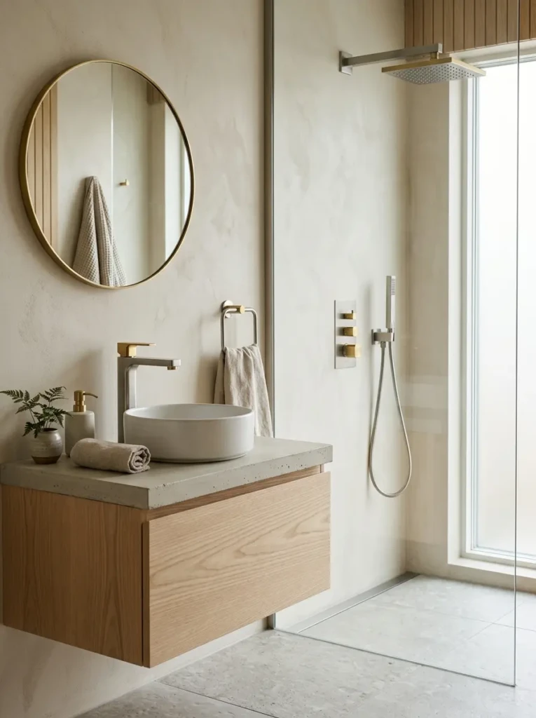 Brushed brass and stainless steel fixtures enhancing a sophisticated japandi bathroom.