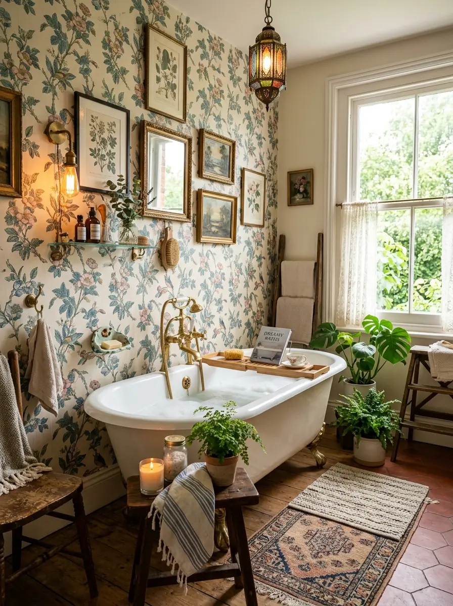 Beautiful quirky bathroom featuring vintage decor, colorful accents, indoor plants, elegant fixtures, and cozy designer styling.