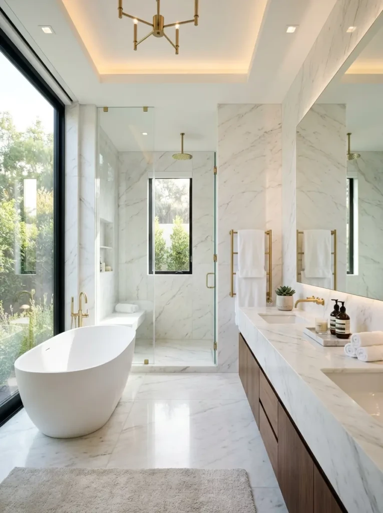 Elegant luxury bathroom with floor-to-ceiling white marble walls, soft gray veining, and a bright spa-like atmosphere.