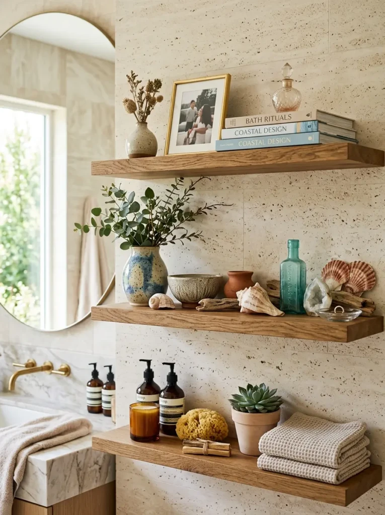 Decorative bathroom ledges showcasing pottery, shells, and curated treasures.