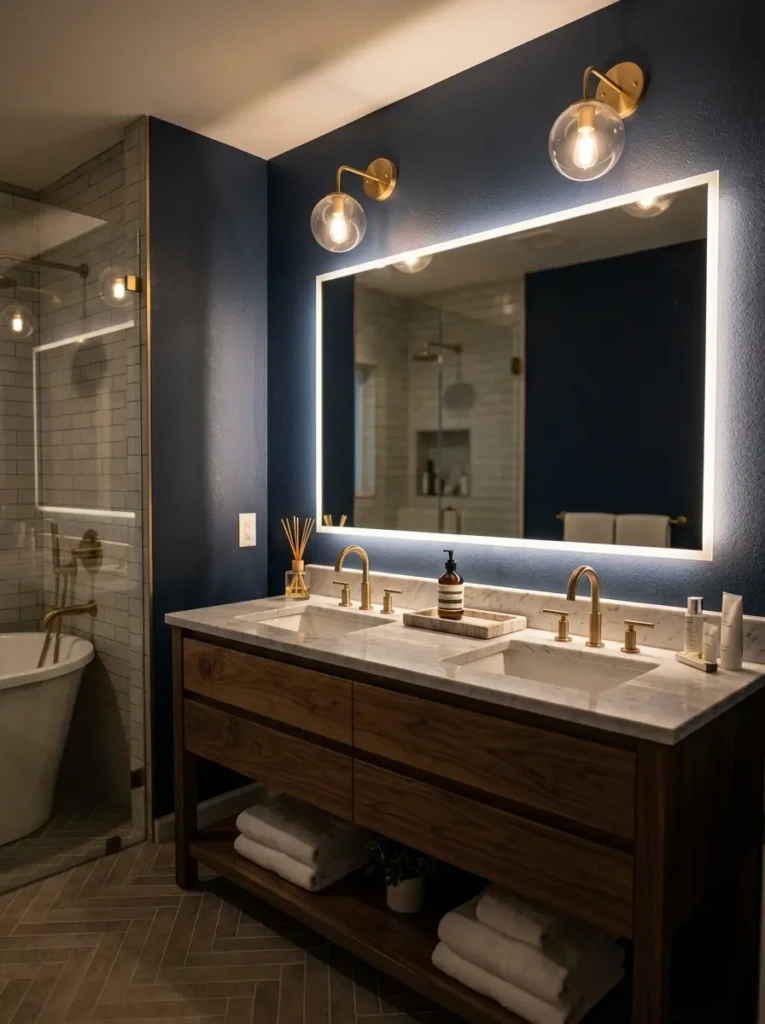 Modern bathroom featuring backlit mirrors and warm ambient lighting
