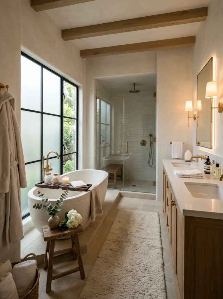 Luxurious bathroom with warm lighting, cozy textures, and elegant designer styling