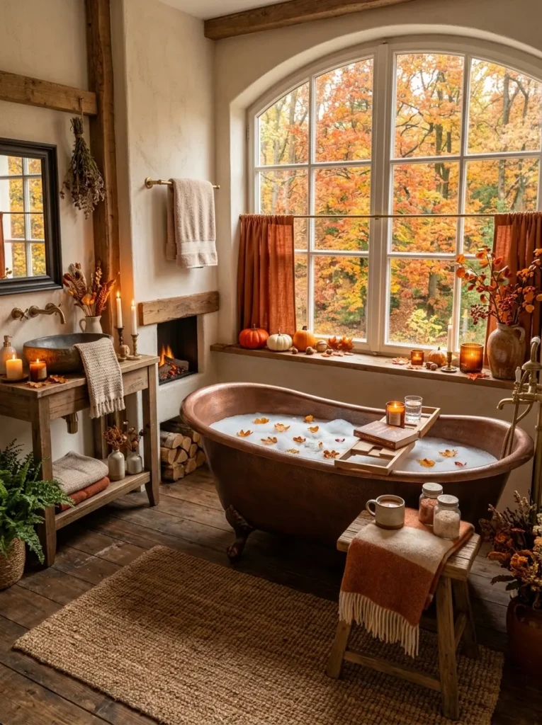 Inviting fall bathroom retreat with elegant seasonal details and warm cozy atmosphere.