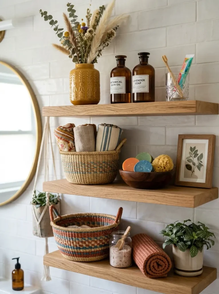 Open shelving featuring wood, glass, and colorful accents