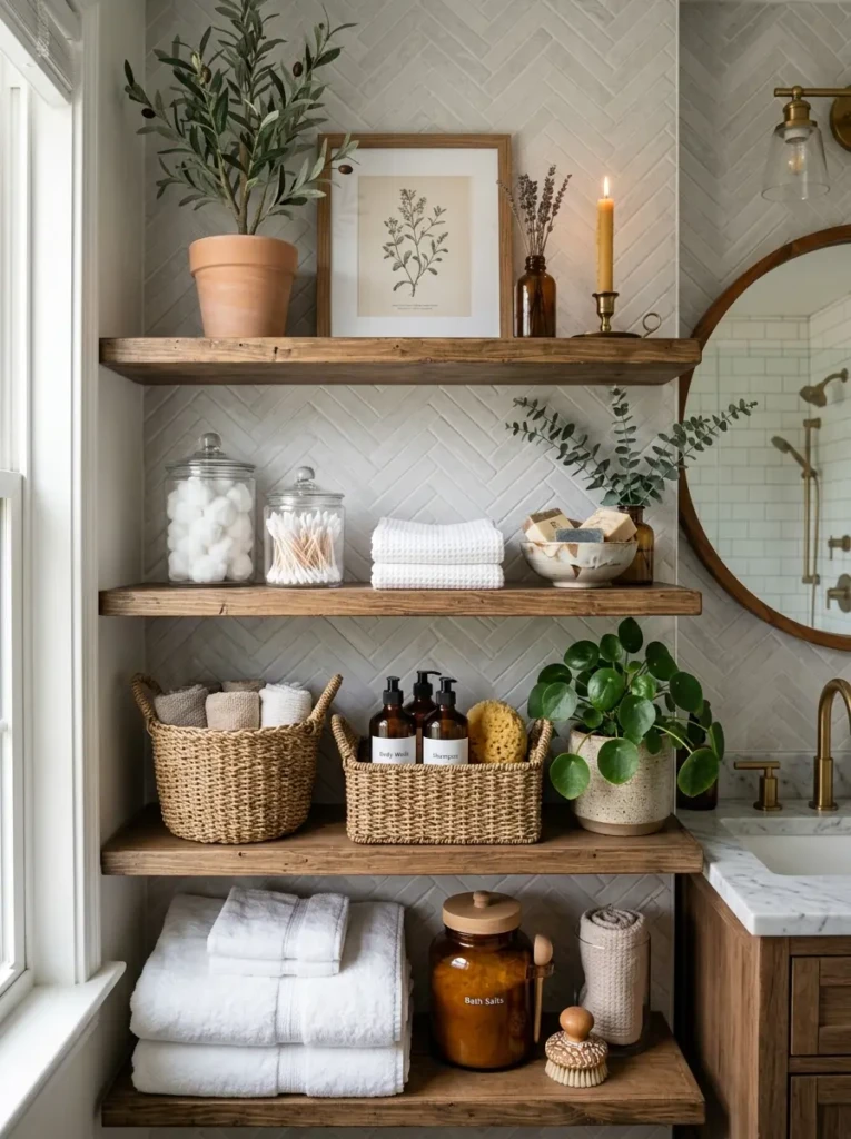 Curated bathroom shelves with baskets, plants, and decorative storage containers