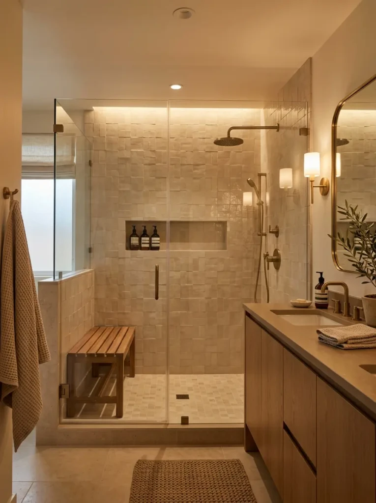 Sophisticated shower with layered beige tiles, soft lighting, and elegant natural textures.