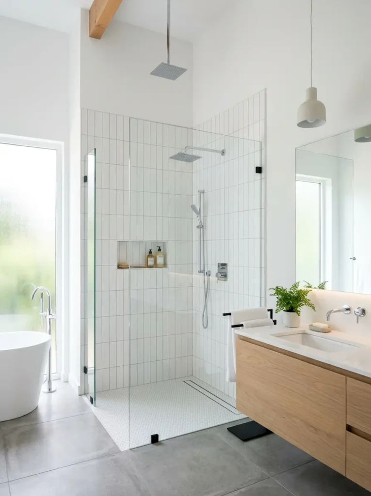 Modern shower featuring vertically stacked white subway tiles that visually enhance bathroom height.