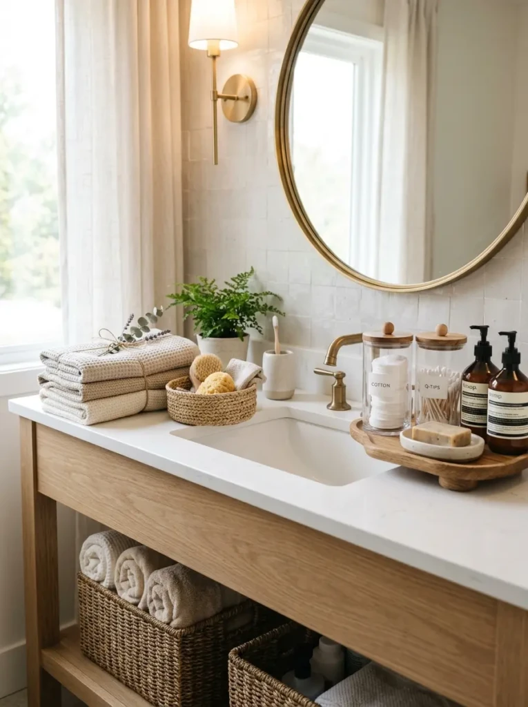 Bathroom sink area featuring woven baskets, glass jars, folded towels, and elegant countertop organization.