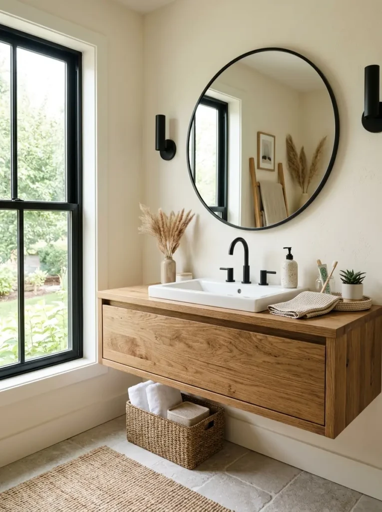 White bathroom sink combined with an oak floating vanity, black fixtures, and warm natural wood textures.