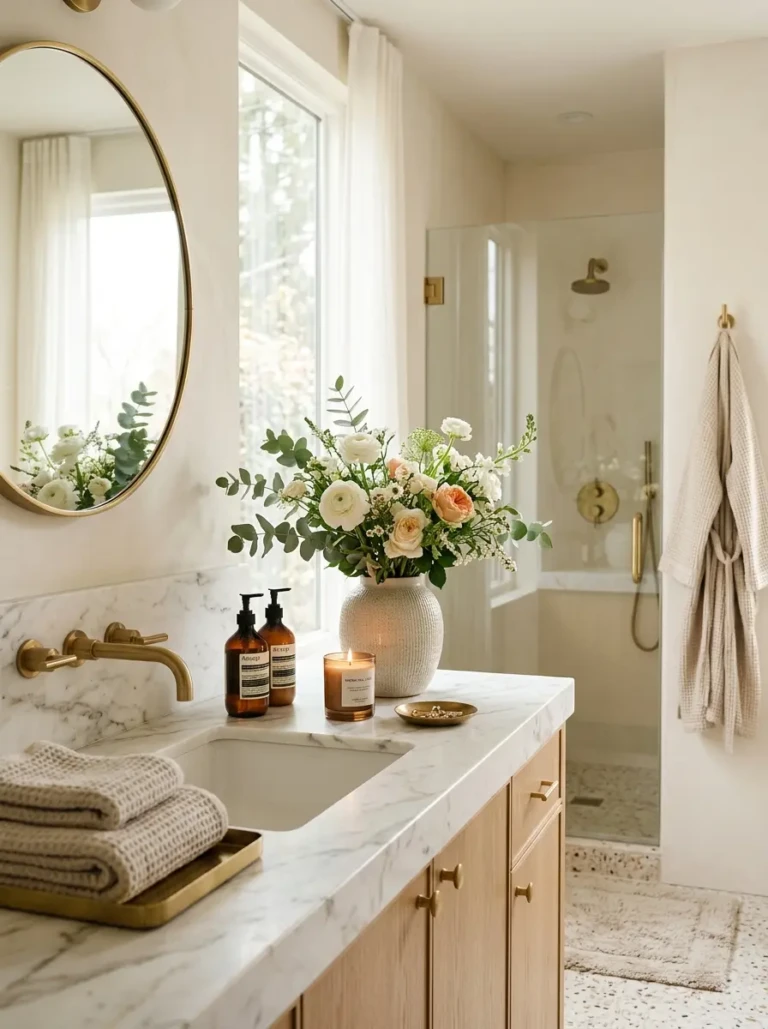 Bright modern bathroom featuring a stylish bathroom sink, soft morning sunlight, fresh flowers, warm textures, and elegant decor.