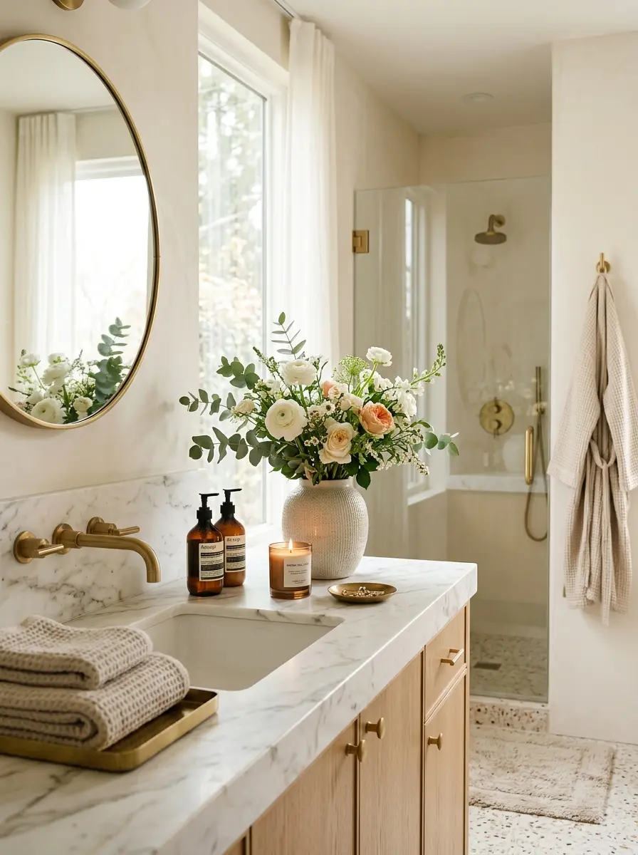 Bright modern bathroom featuring a stylish bathroom sink, soft morning sunlight, fresh flowers, warm textures, and elegant decor.