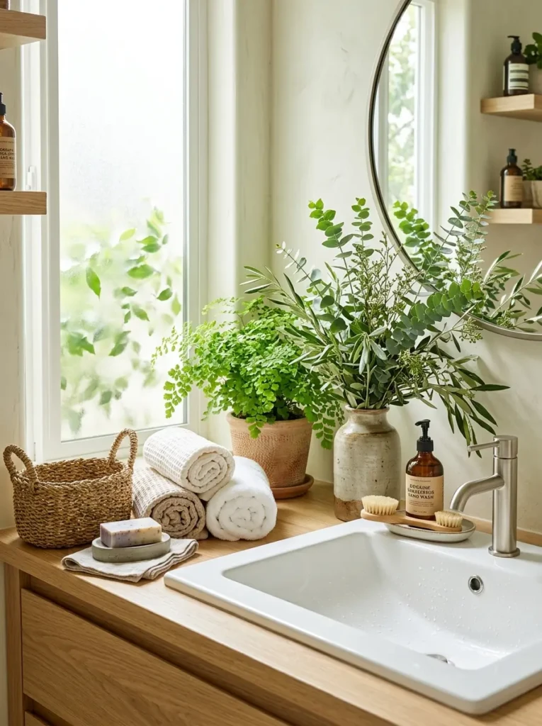 Bathroom sink decorated with eucalyptus branches and indoor plants creating a refreshing spa-like atmosphere.
