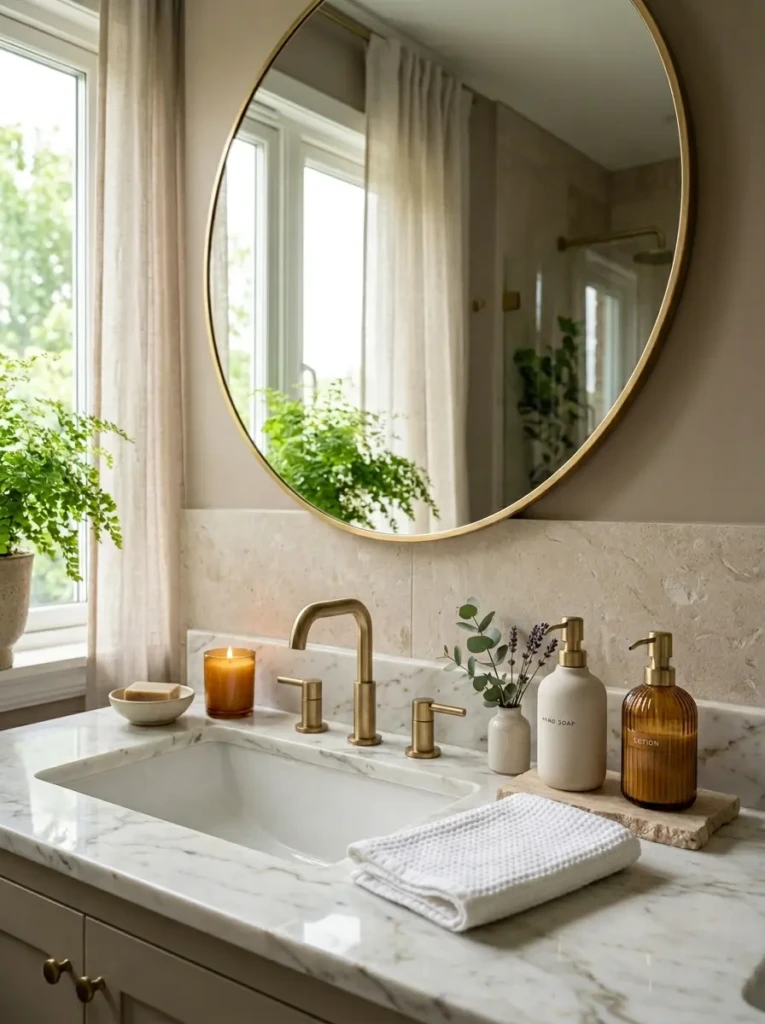 Ceramic and glass soap dispensers displayed on a modern bathroom countertop.