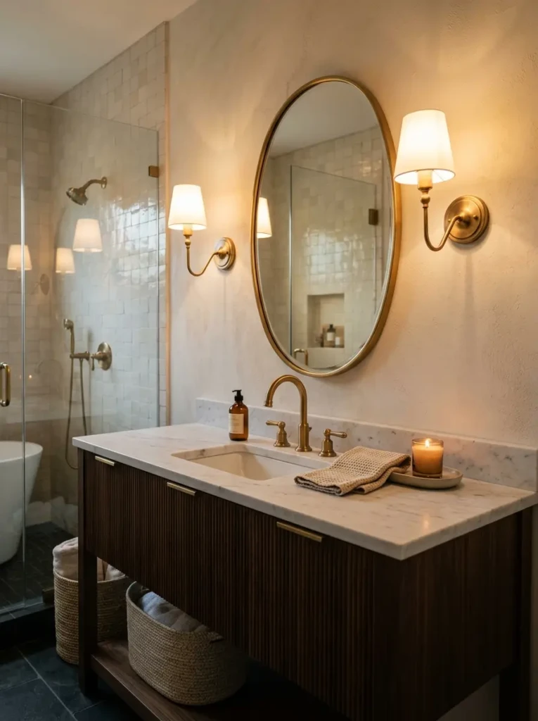 Modern bathroom sink illuminated by decorative wall sconces and warm ambient lighting.