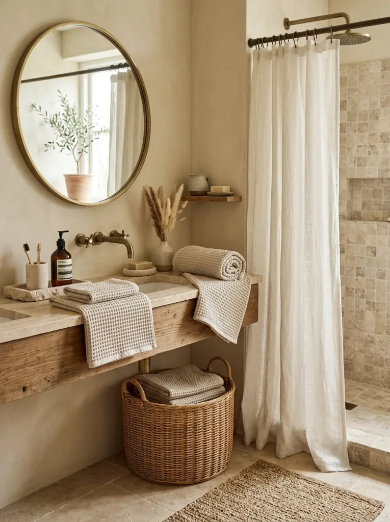 Neutral bathroom featuring waffle towels, woven baskets, and natural stone accessories