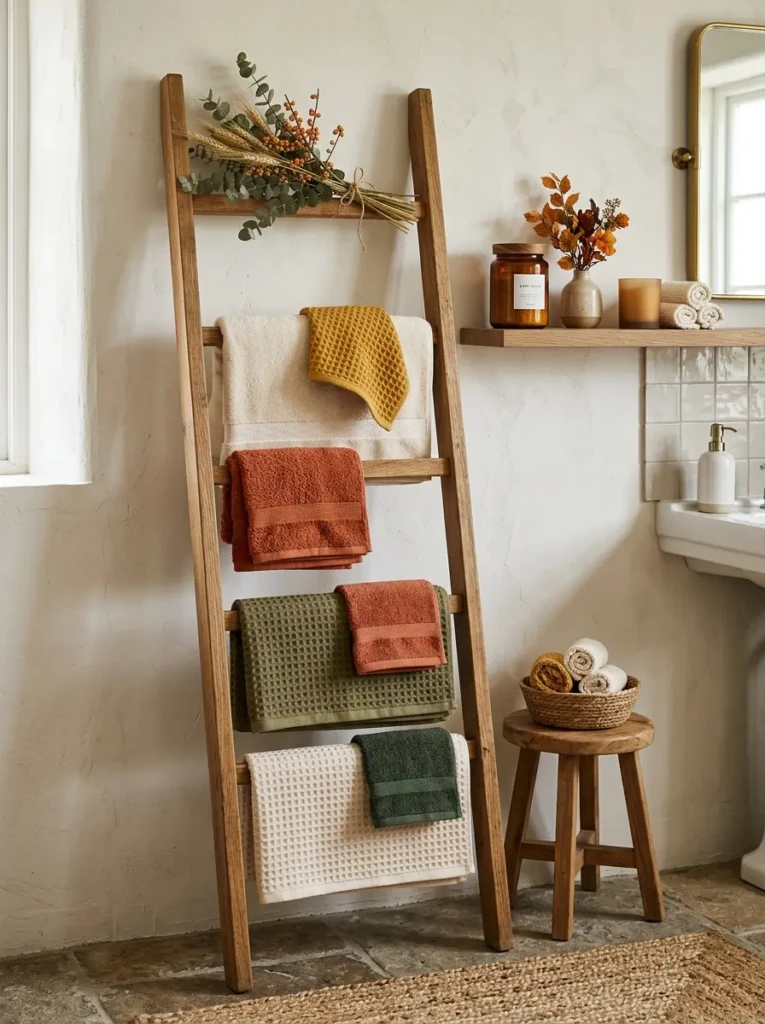 Waffle weave and Turkish cotton towels displayed on a wooden ladder in a stylish bathroom.