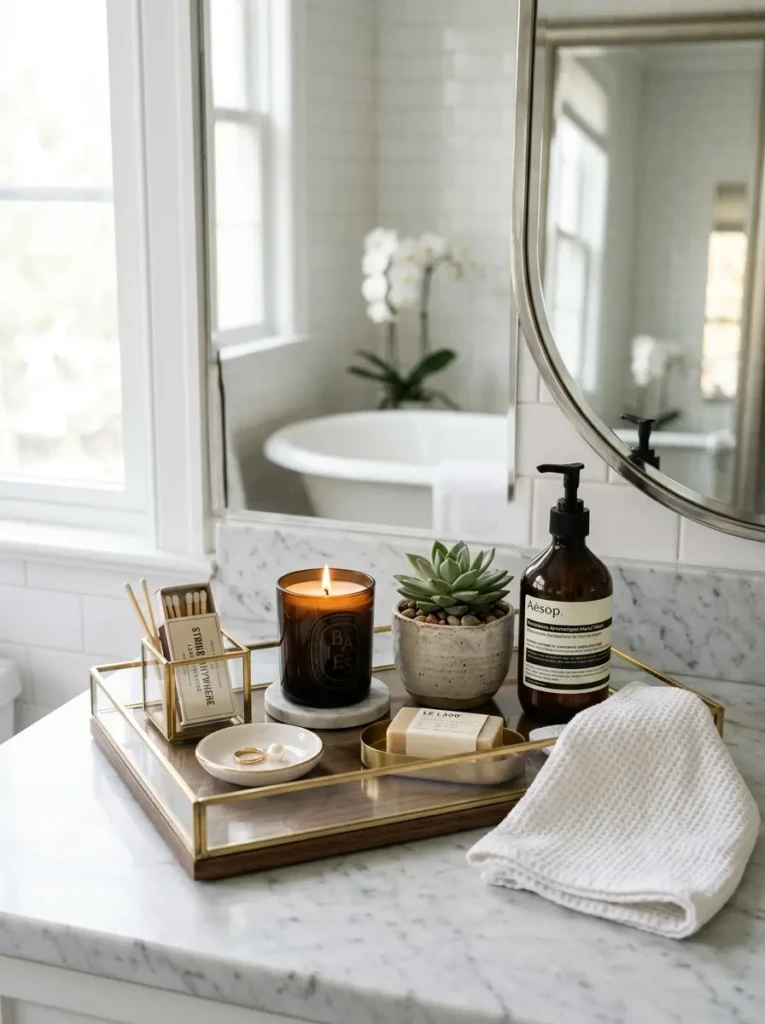 Styled bathroom tray featuring candles, greenery, and decorative accents