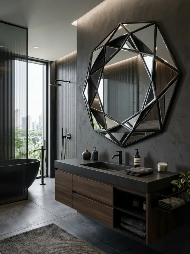 Contemporary bathroom displaying a geometric vanity mirror with a bold modern frame.