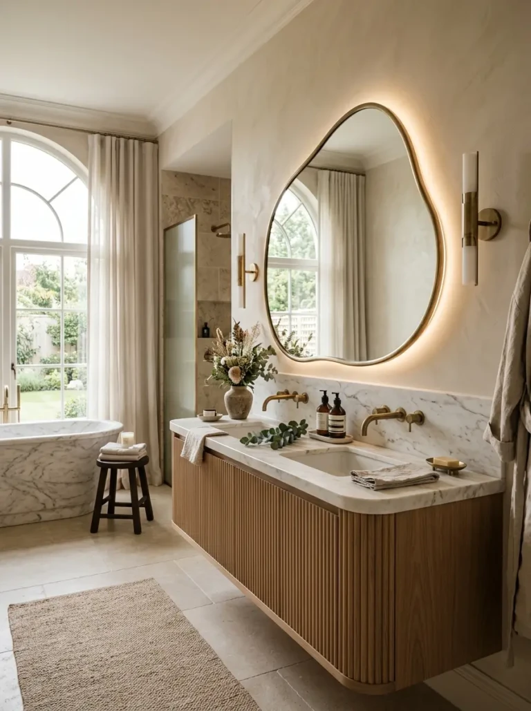 Luxury bathroom featuring a unique bathroom vanity mirror with elegant lighting and spa-inspired decor.