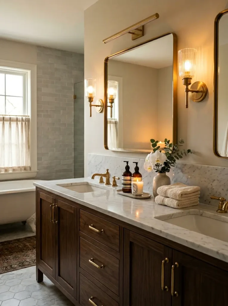 Well-lit vanity area featuring balanced lighting and an elegant bathroom mirror.