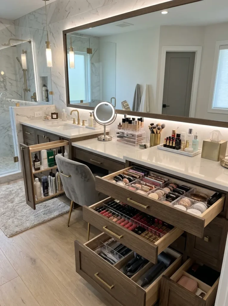 Organized bathroom vanity with makeup area featuring custom drawers, beauty organizers, and hidden storage solutions.