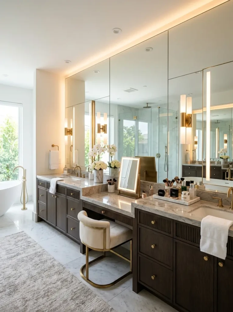Luxury bathroom vanity with makeup area featuring oversized mirror wall, layered lighting, and elegant finishes.