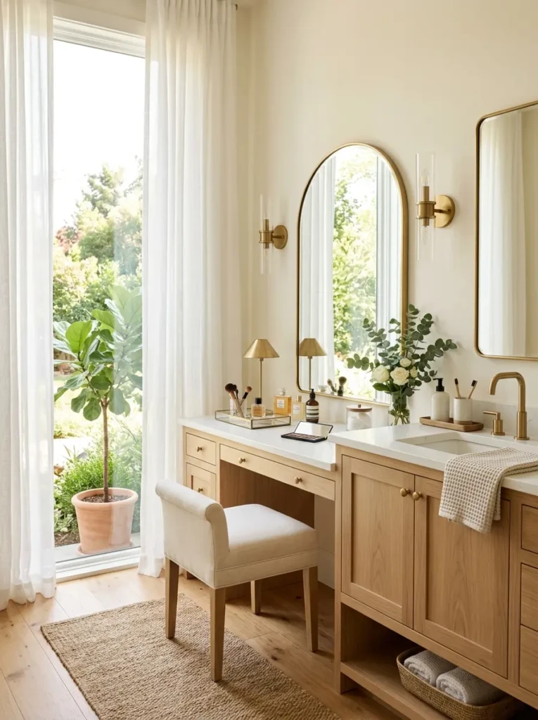 Bright bathroom vanity with makeup area positioned beside a large window for beautiful natural light and fresh decor.