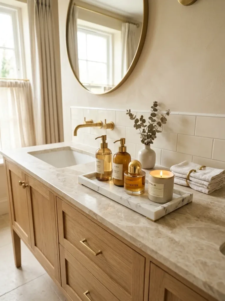 Marble tray holding bathroom essentials neatly arranged on a vanity countertop.