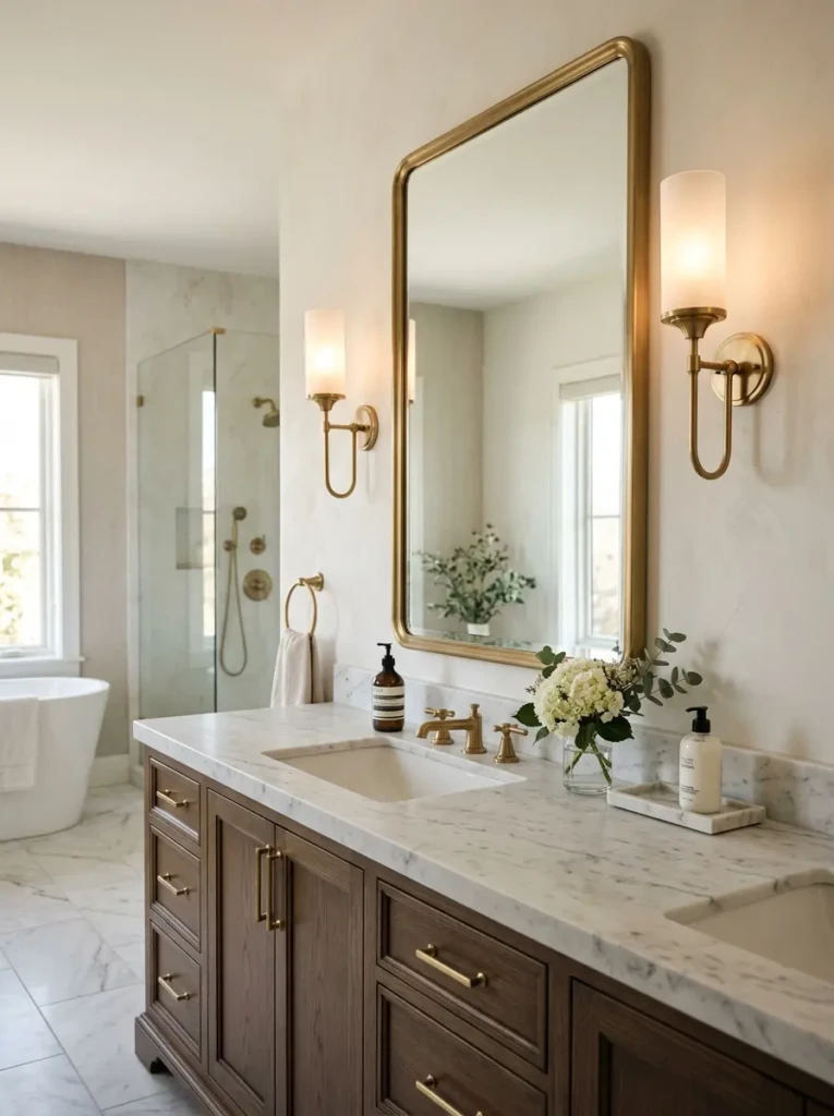 Bathroom vanity with matching wall sconces, soft flattering light, and timeless brass finishes