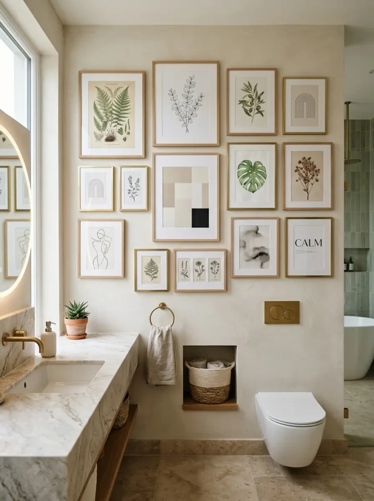 Bathroom wall displaying botanical prints and coordinated picture frames