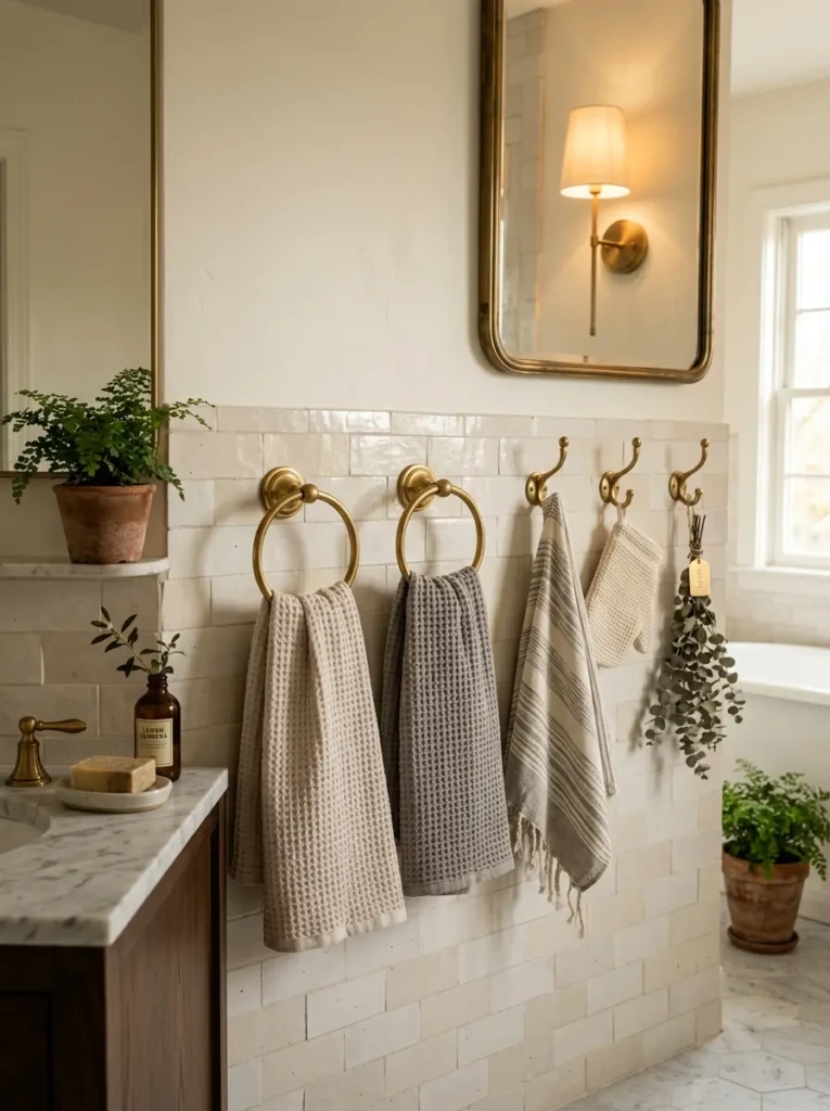 Brass towel hooks and rings holding soft towels in a luxury bathroom.