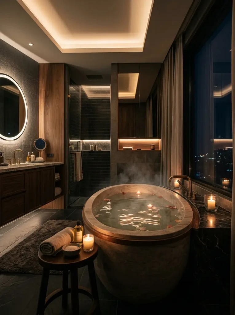 Cozy bathroom with dimmable lights creating a warm and relaxing evening atmosphere