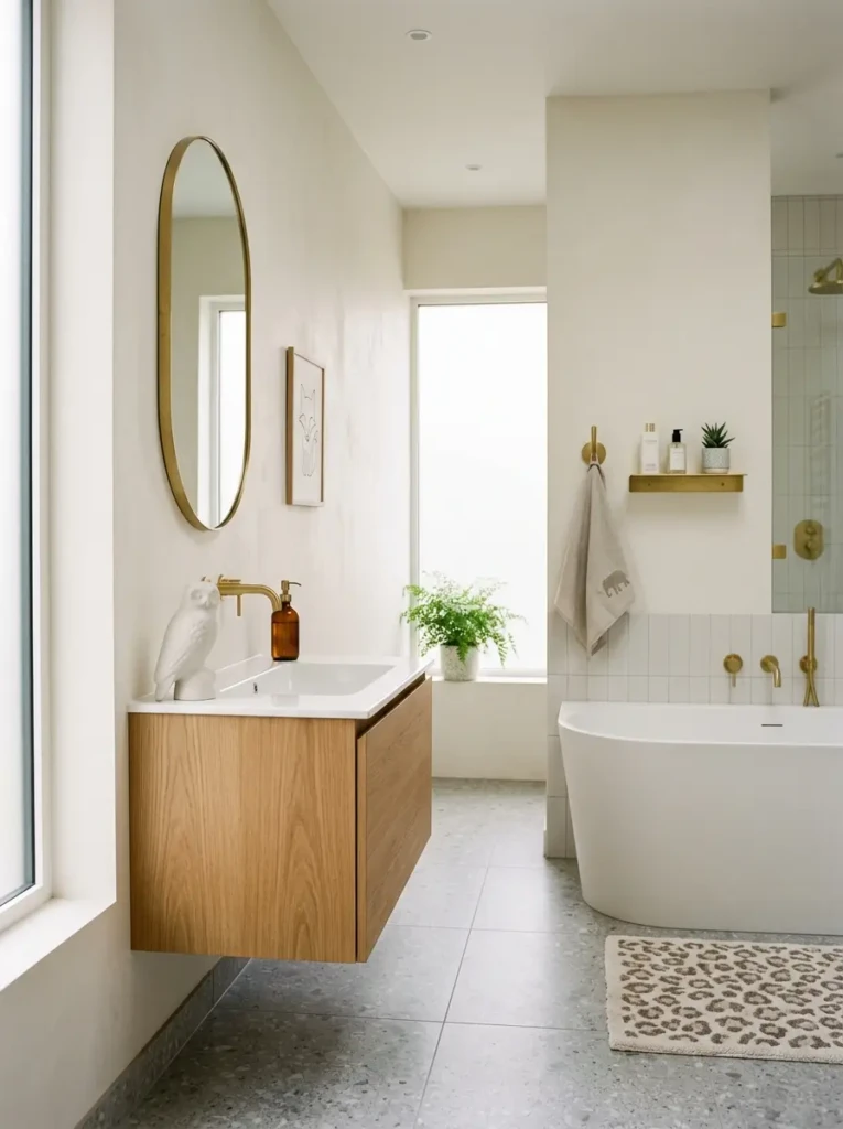 Sophisticated bathroom showcasing curated animal-themed accessories and artwork.
