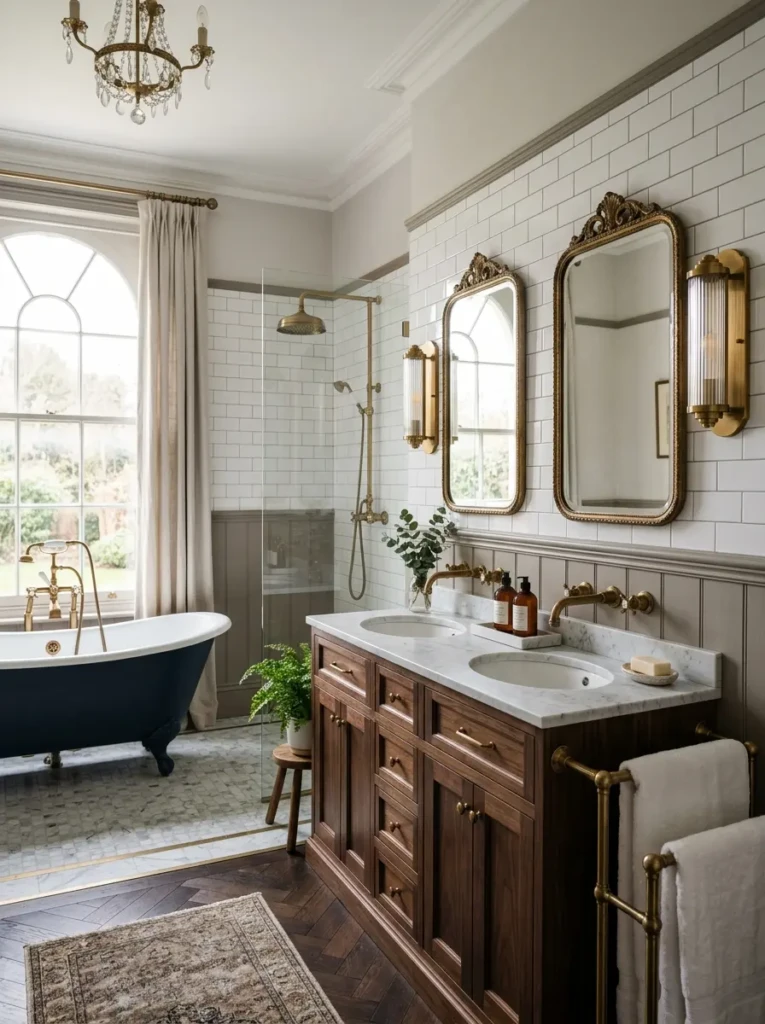 Stylish bathroom featuring antique brass fixtures and classic design accents