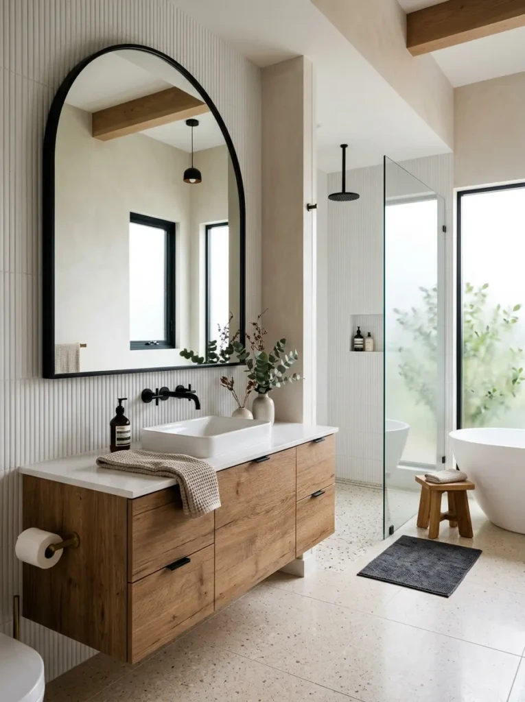 Modern bathroom featuring an arched mirror with black and wood accents