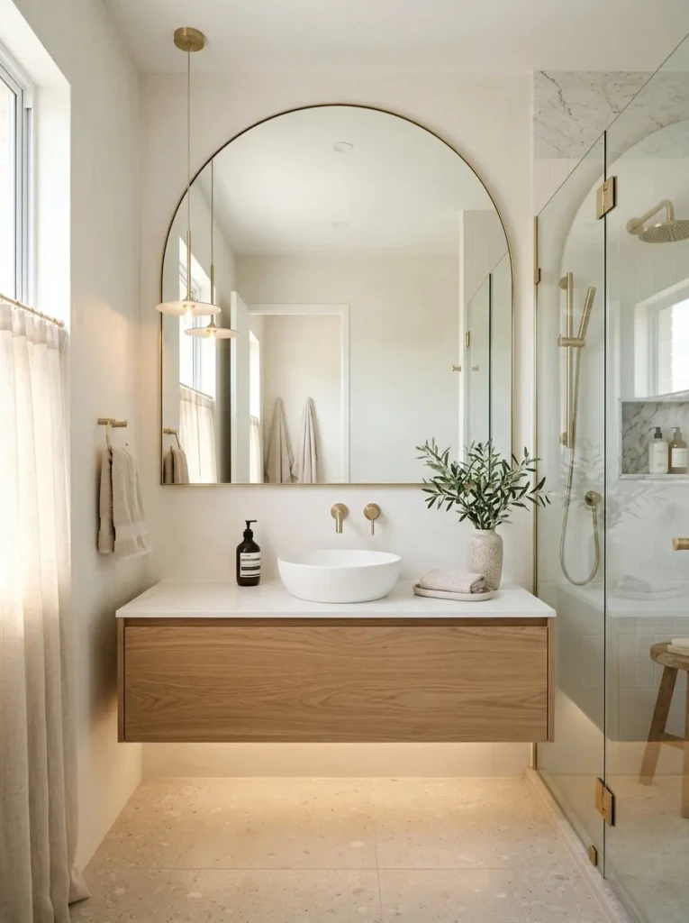 Small bathroom featuring a large arched mirror that reflects light and visually expands the space.