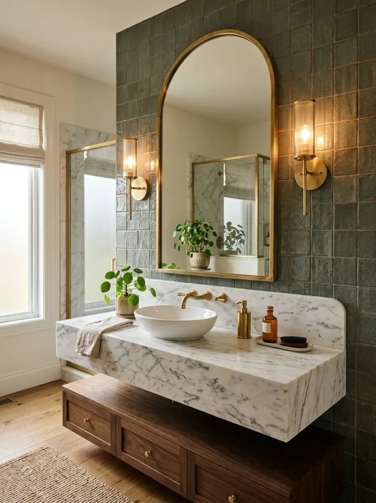Stylish bathroom with an arched vanity mirror framed in brass and paired with textured walls.