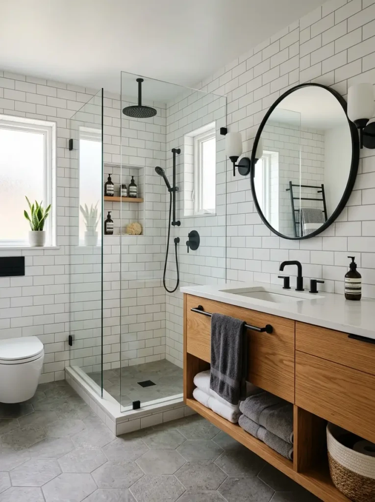 Bathroom styled with black hardware, white tiles, and warm wood accents