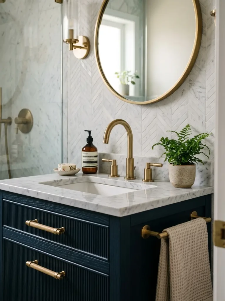 Stylish bathroom featuring brushed brass fixtures and elegant hardware accents.