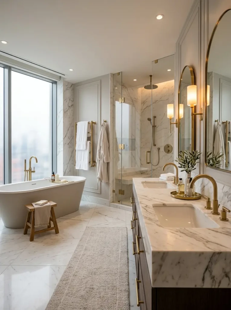 Luxury bathroom showcasing brushed brass fixtures and sophisticated metallic accents throughout the space.