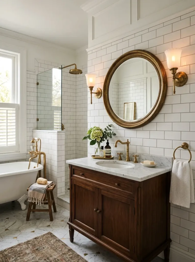 Elegant bathroom featuring antique brass light fixtures, marble surfaces, and timeless details