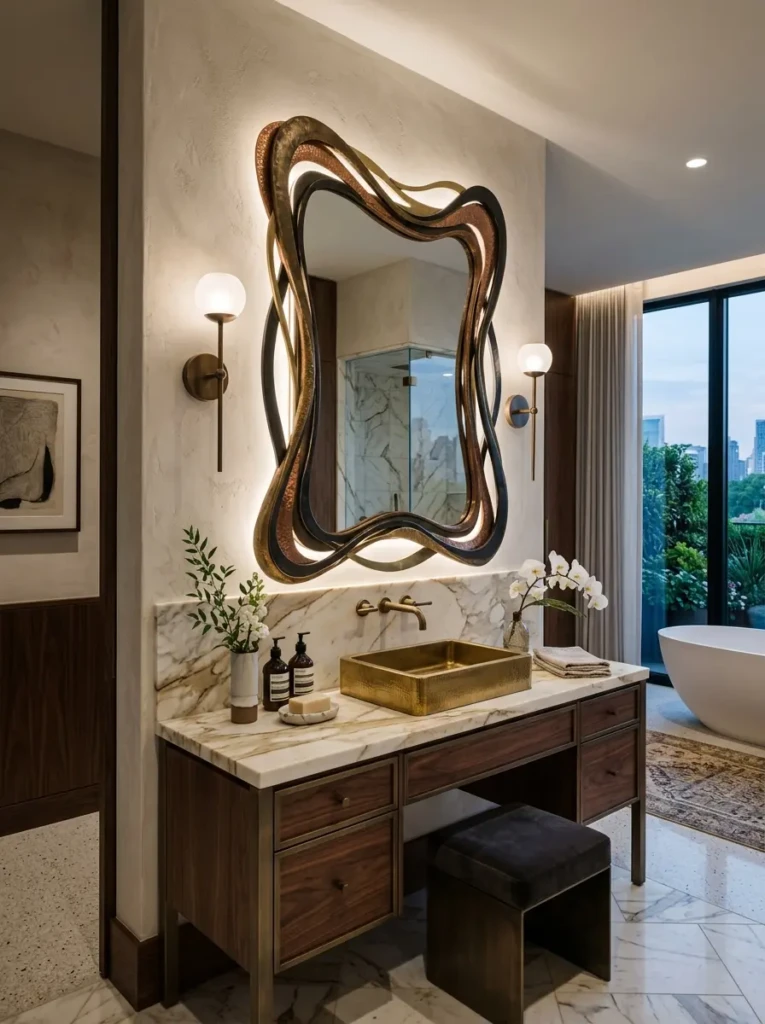 Designer bathroom with a custom artistic vanity mirror serving as a unique focal point.