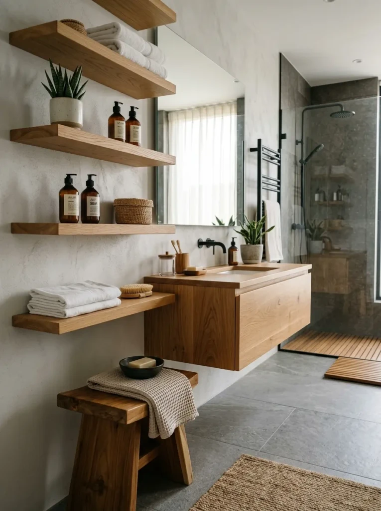 Bathroom with floating wood shelves, teak accessories, and natural finishes